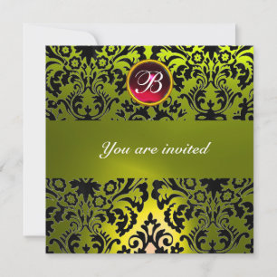 INVITATION DAMASSÉ NOIR ET JAUNE MONOGRAMME PIERRE GEMME