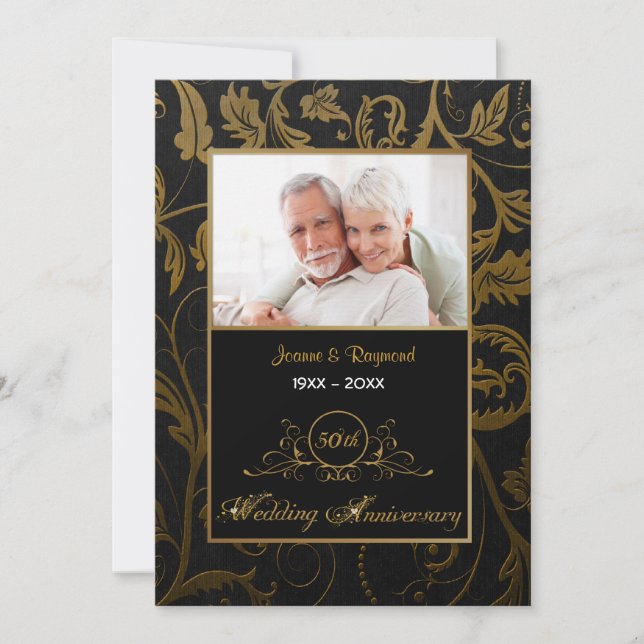 Invitation Damassé noir et or 50e anniversaire de mariage (Devant)