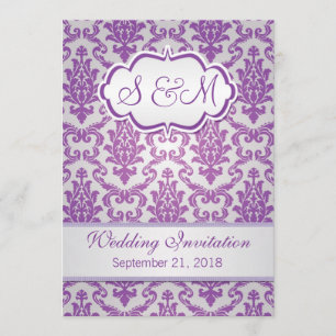 Invitation Damassé pourpre sur le mariage argenté d'arrière -