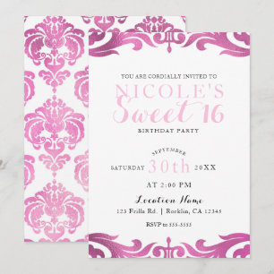Invitation Damassé rose et blanc Chic Élégant Fête douce 16 a