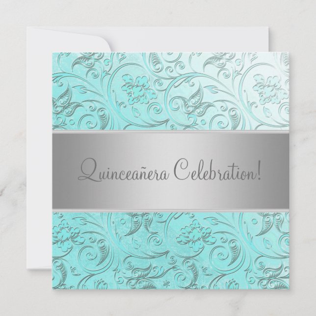 Invitation Damassé turquoise Quinceanera (Devant)