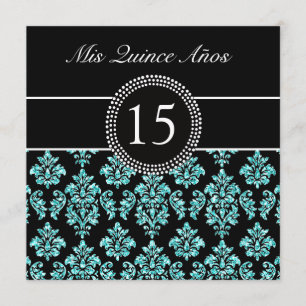 INVITATION DAMASSÉ TURQUOISE QUINCEANERA DE NOIR D'EFFET DE