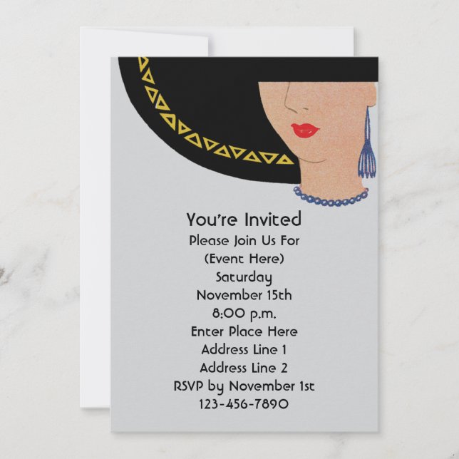 Invitation Dame Art Déco À La Fête Casquette (Devant)
