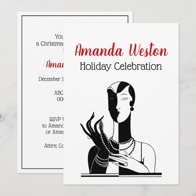 Invitation Dame Art Déco De Noël Avec Des Perles Transp Black (Devant / Derrière)