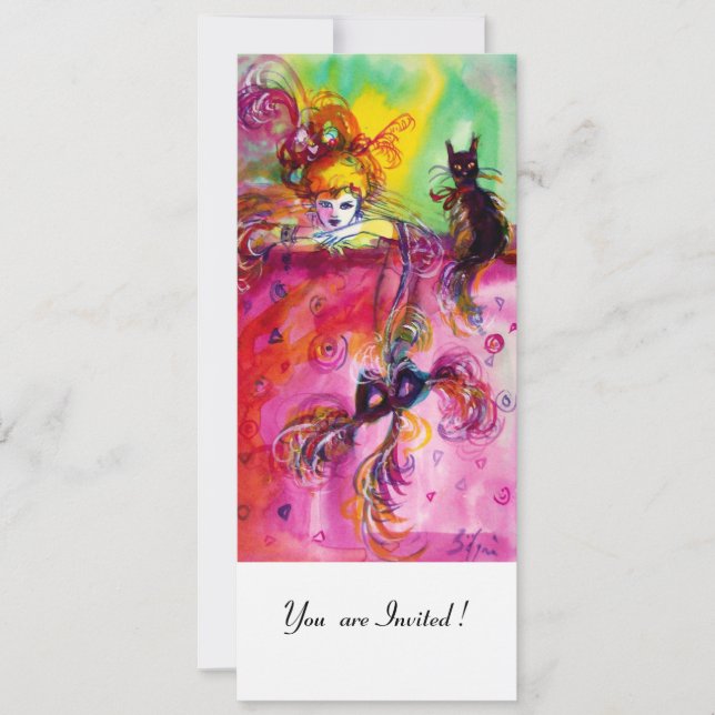 Invitation DAME AVEC CHAT NOIR / Mardi Gras Fête de Mascarade (Devant)
