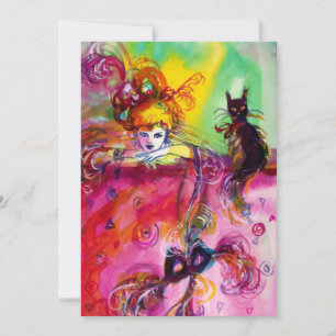 Invitation DAME AVEC CHAT NOIR / Mardi Gras Fête Masquée