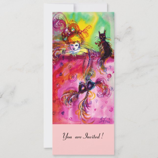 Invitation DAME AVEC CHAT NOIR /Mardi Gras Masquerade Party (Devant)