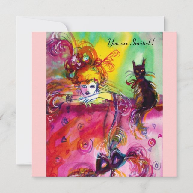 Invitation DAME AVEC CHAT NOIR /Mardi Gras Masquerade Party (Devant)