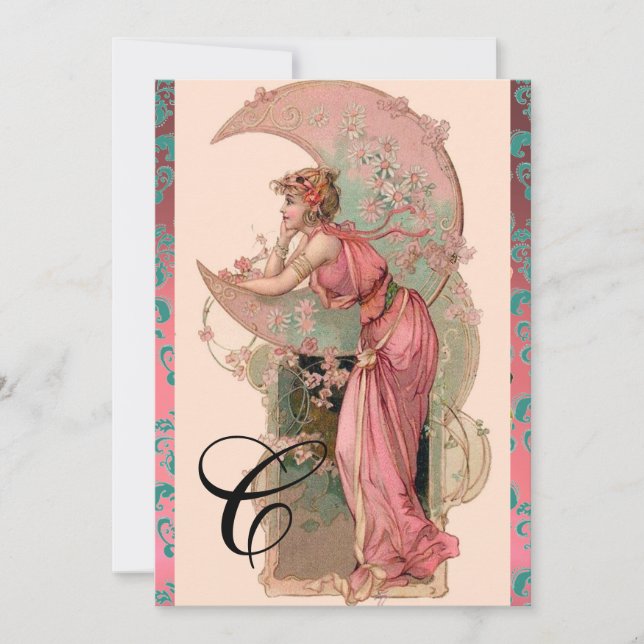 INVITATION DAME DE LA LUNE, FLEURS, ROSES, DAMAS MONOGRAMME R (Devant)