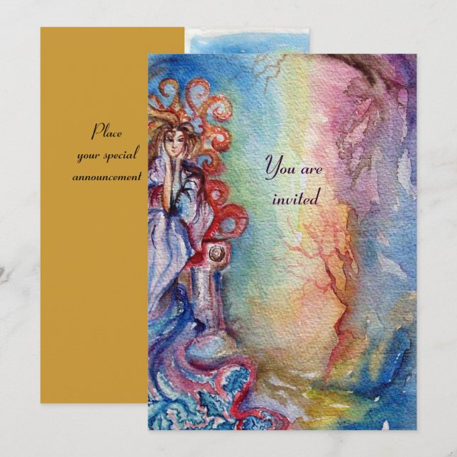 Invitation DAME DU LAC , bleu rose jaune vif brillant (Devant / Derrière)