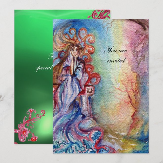 Invitation DAME DU LAC , bleu vibrant rose gemme vert (Devant / Derrière)