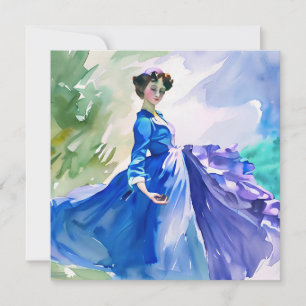 Invitation Dame en Robe Bleue - Peinture aquarelle
