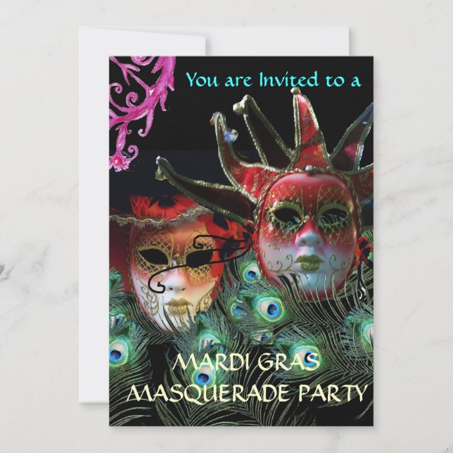 INVITATION DAME ROUGE ET MASQUE DE BOUFFON AVEC PLUMES DE PAO (Devant)