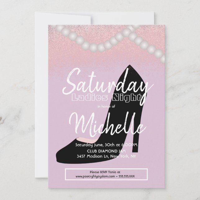 Invitation Dames Nuit Anniversaire Fête Black Talons Perles (Devant)