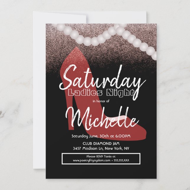 Invitation Dames Nuit Anniversaire Fête Red Heels Perles (Devant)