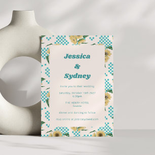 Invitation Damier Tournesol Turquoise Mariage Rétro