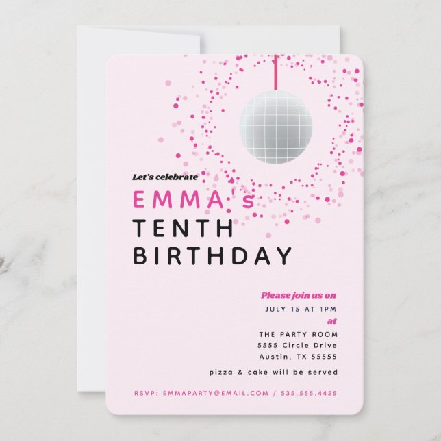 Invitation Dance Disco Ball Retro Anniversaire Rose Black Par (Devant)