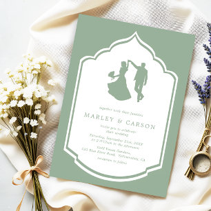 Invitation Dancing Couple Illustration Sage Mariage vert