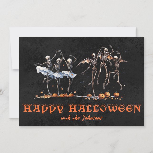 Invitation Dancing Skeletons Black Orange Halloween Party (Devant)