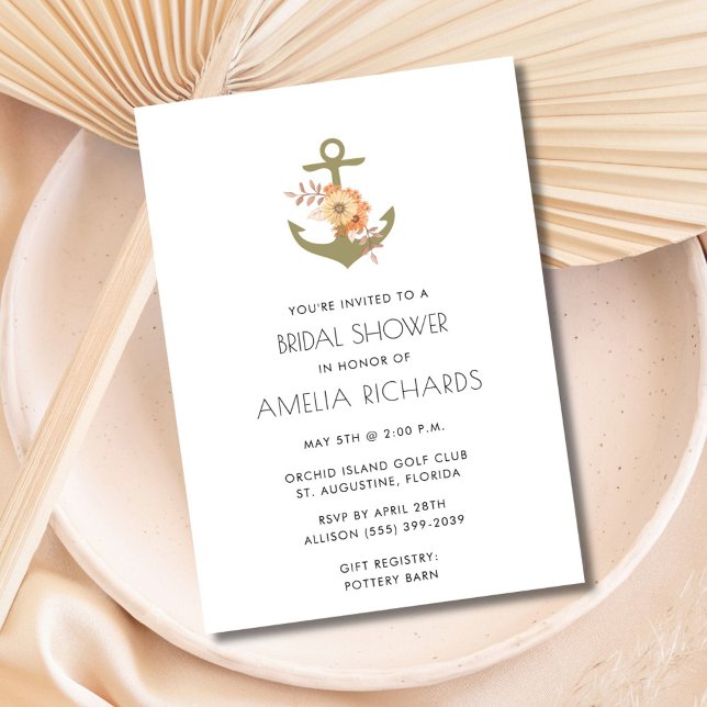 Invitation d'Ancre d'or de bande d'Fête des mariée (Nautical Anchor Gold Stripe Bridal Shower Invite)