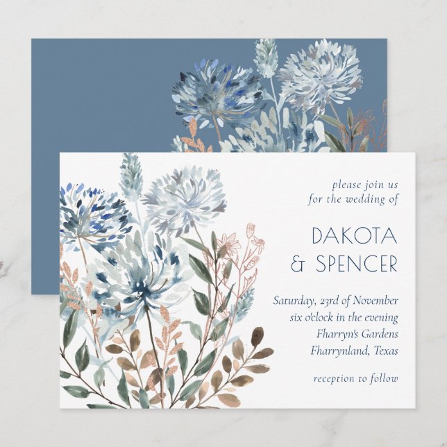 Invitation Dandelion Floral | Dusty Blue Garden Muet Mariage (Devant / Derrière)