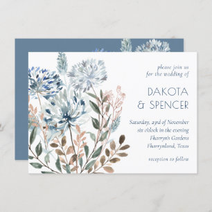 Invitation Dandelion Floral Dusty Blue Garden Muet Mariage