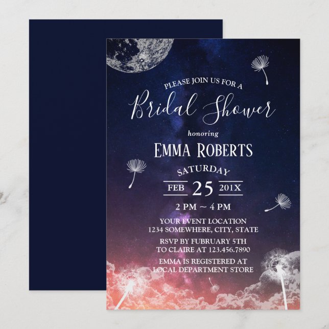 Invitation Dandelion soufflant Lune & Étoiles Fête des mariée (Devant / Derrière)