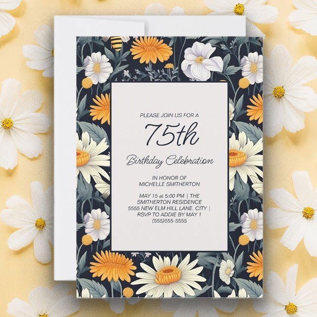 Invitation Dandelions Daisies Marine Bleu Adulte 75e annivers (Yellow dandelions and white daisies 75th birthday party invitation)