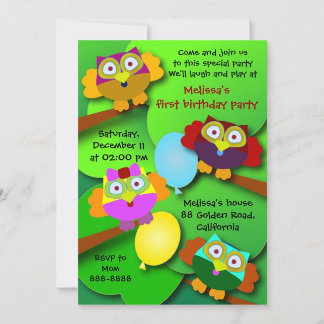 Invitation d'anniversaire 030G :Chouettes (Devant)
