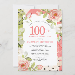 Invitation d'anniversaire 100 ans à fleurs roses e