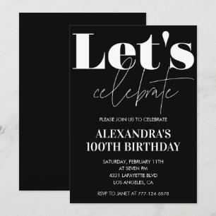 Invitation d'anniversaire 100 ans en noir Typograp