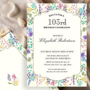 Invitation d'anniversaire 103 ans à motif floral c