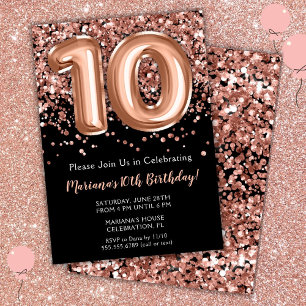 Invitation d'anniversaire 10 ans Noir Rose Or Pail