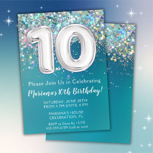 Invitation d'anniversaire 10 ans Paillettes Turquo
