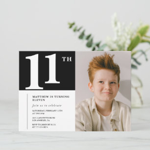 Invitation d'anniversaire 11 ans Noir Blanc Chic P