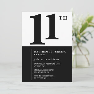Invitation d'anniversaire 11 ans noir et blanc Sim