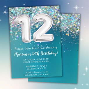 Invitation d'anniversaire 12 ans Paillettes Turquo