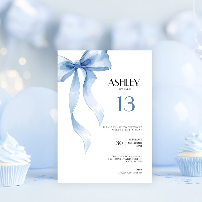 Invitation d'anniversaire 13 ans Adolescents Nœud  (Blue bow coquette 13th birthday invitation for girls)
