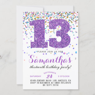 Invitation d'anniversaire 13 ans confettis