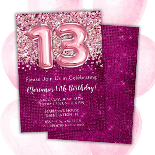 Invitation d'anniversaire 13 ans Fille Magenta Ros