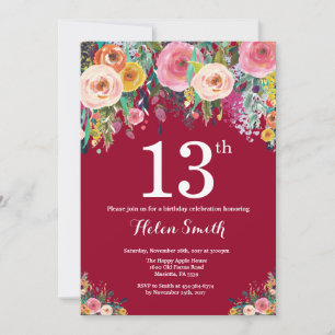 Invitation d'anniversaire 13 ans Floral Bourgogne