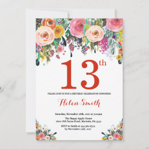 Invitation d'anniversaire 13 ans Floral Rouge