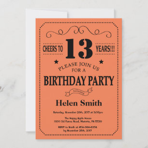 Invitation d'anniversaire 13 ans Noir et Corail