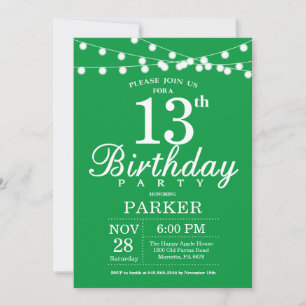 Invitation d'anniversaire 13 ans Vert