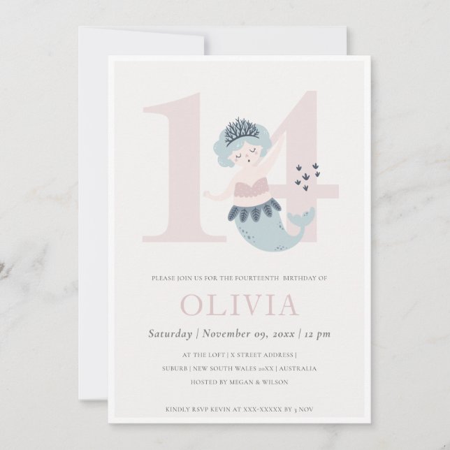 Invitation d'anniversaire 14 ans de sirène rose bl (Devant)