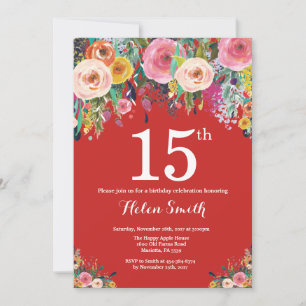 Invitation d'anniversaire 15 ans à motif floral ro