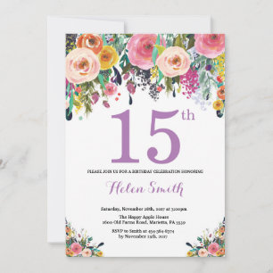 Invitation d'anniversaire 15 ans Floral Violet