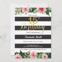 Invitation d'anniversaire 15 ans Teen. Floral Or N