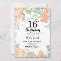Invitation d'anniversaire 16 ans Fleur de Pêche Bo
