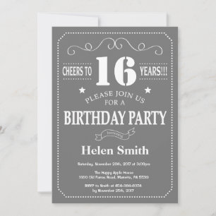 Invitation d'anniversaire 16 ans gris et blanc